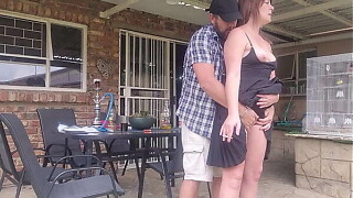 Neighbors wife outside upskirt fuck during the time that that guy is at function